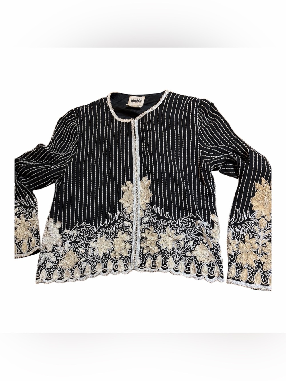Leslie Fay Black Beaded Floral Embroidered Jacket